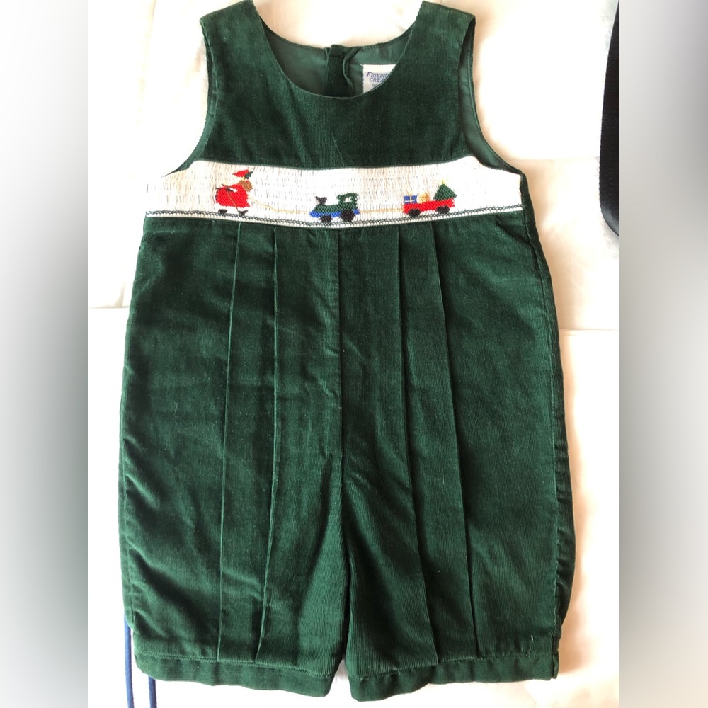 Green Christmas Unisex Corduroy Smocked Jon Jon with Santa, Sleigh and presents